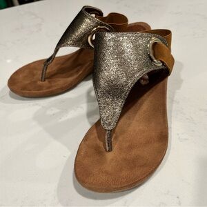 Camel Suede and muted gold leather thong wedge sandal. Size 5.5